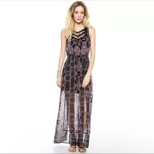 Free‎ People Bohemian Moroccan Black Printed Lace Yoke Maxi Dress Size 2